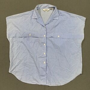 Vintage Blue White Striped Collared Cap Sleeve Button Up Shirt Women Size 40